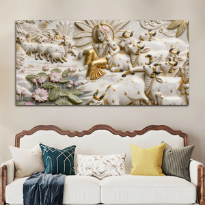 Krishna Gopal in Vrindavan with cows 3D Canvas Wall Painting