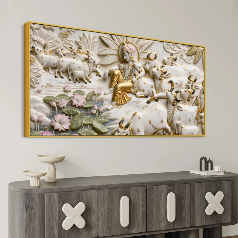 Krishna Gopal in Vrindavan with cows 3D Canvas Wall Painting