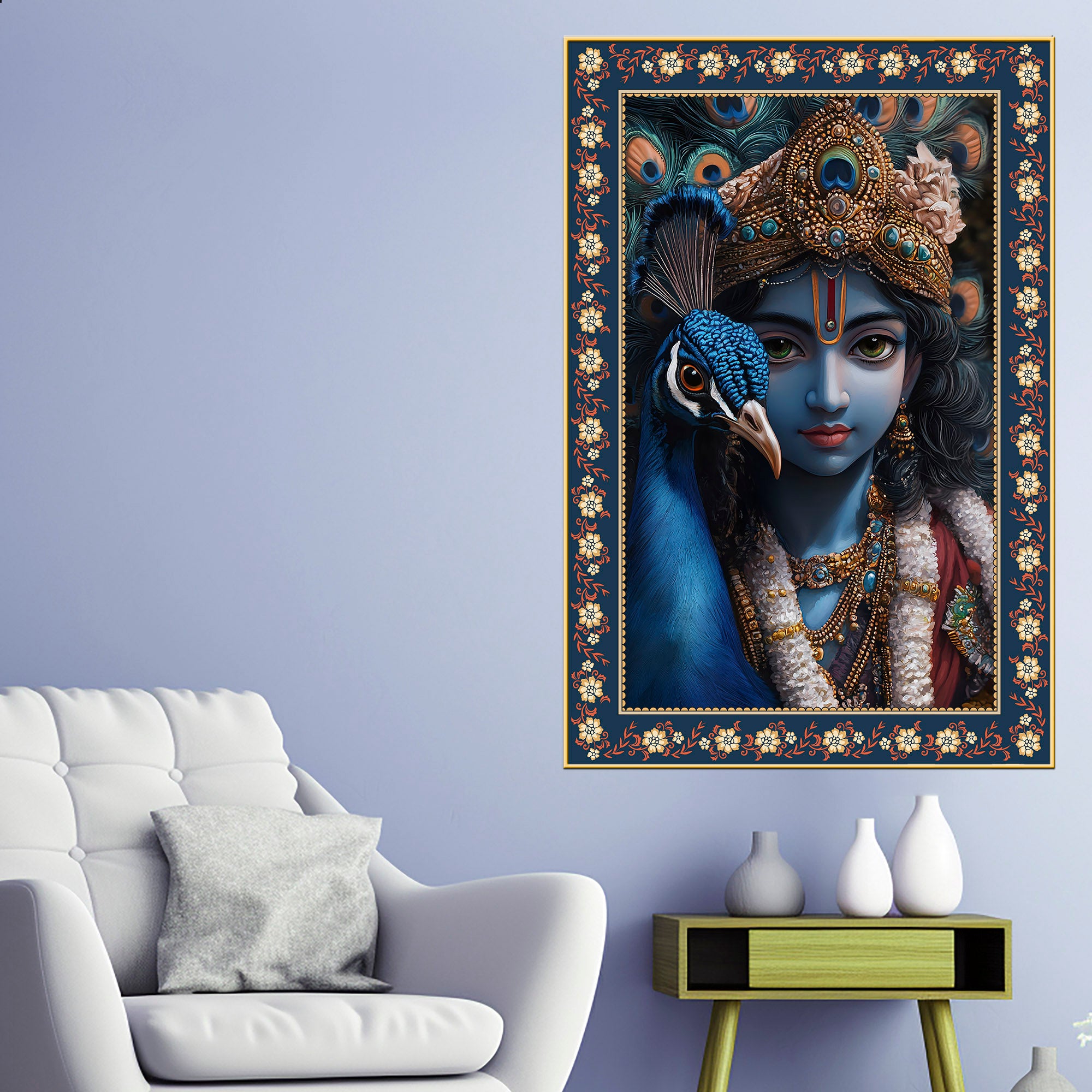 Krishna Grace Feathered Friend Floral Border Vertical Wall Painting