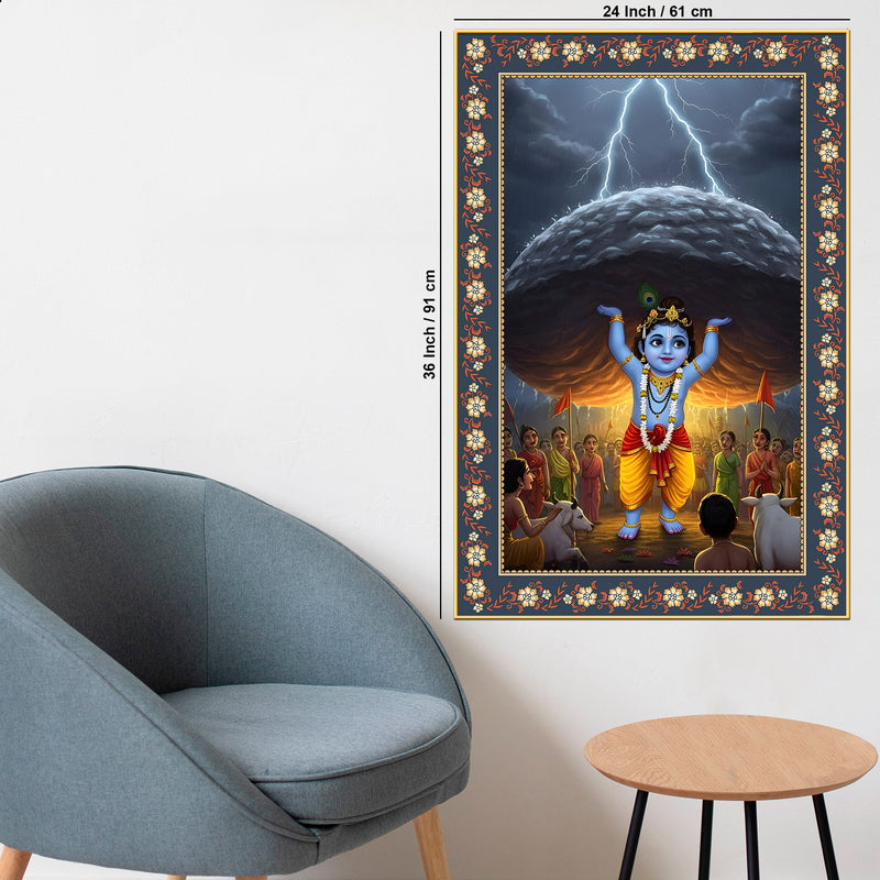 Krishna lifting Mount Govardhana Floral Border Vertical Wall Painting