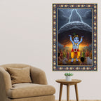 Krishna lifting Mount Govardhana Floral Border Vertical Wall Painting
