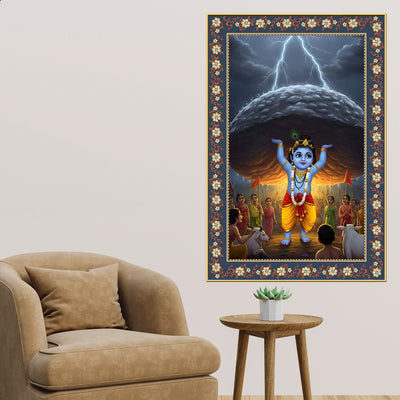 Krishna lifting Mount Govardhana Floral Border Vertical Wall Painting