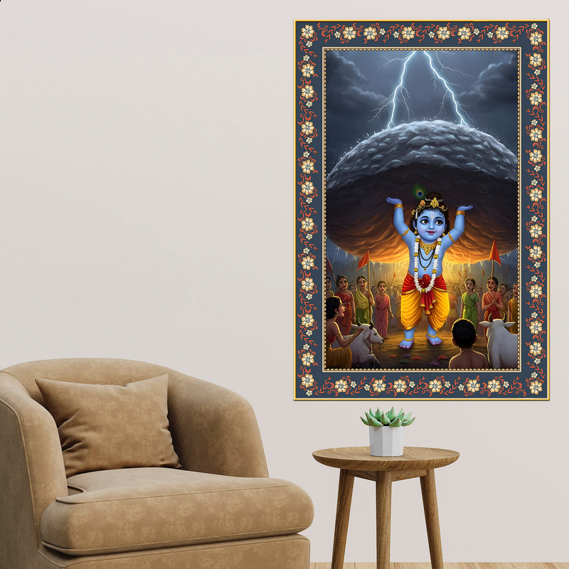 Krishna lifting Mount Govardhana Floral Border Vertical Wall Painting