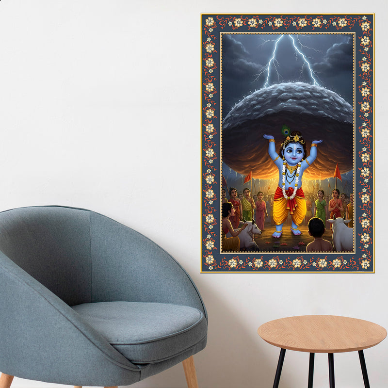 Krishna lifting Mount Govardhana Floral Border Vertical Wall Painting