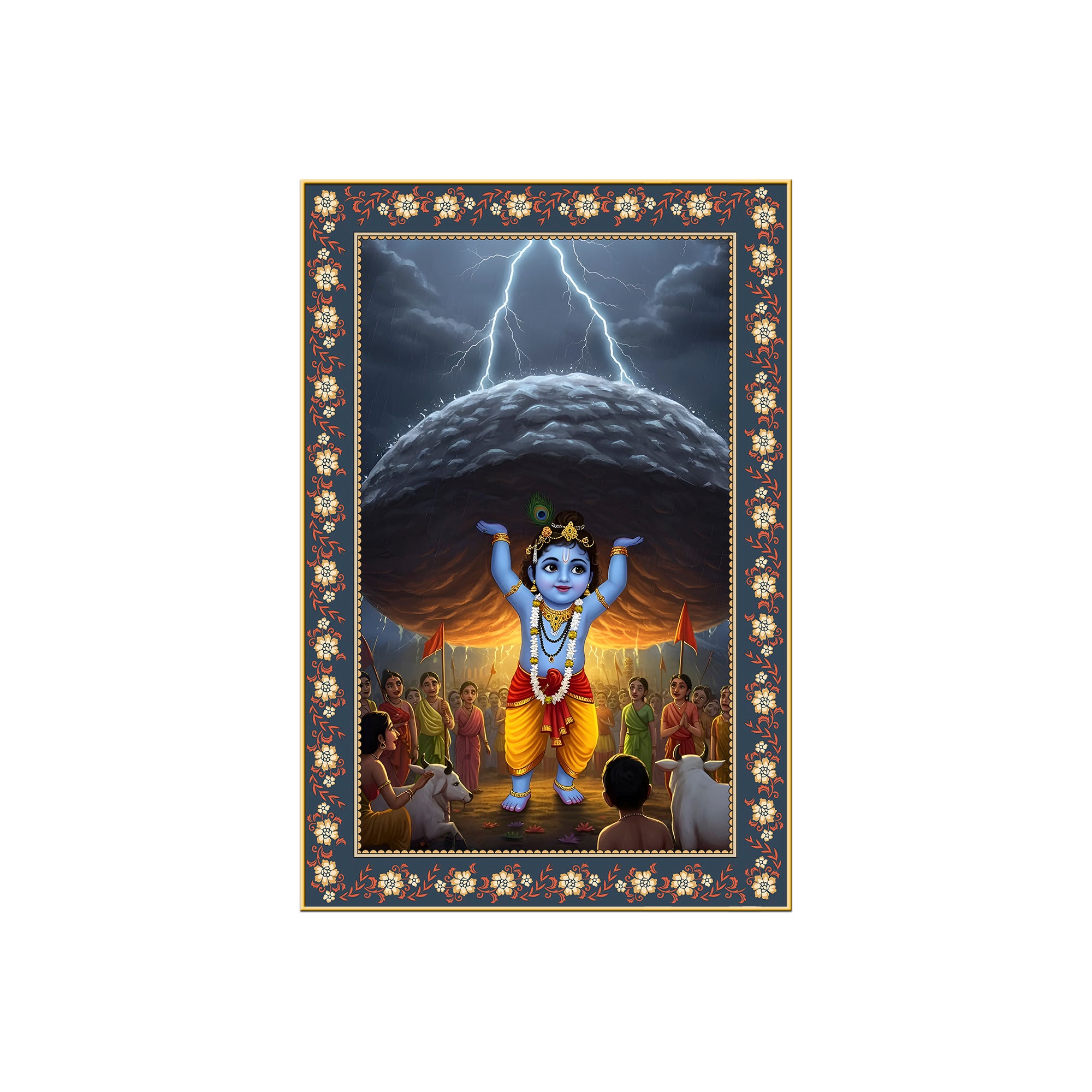 Krishna lifting Mount Govardhana Floral Border Vertical Wall Painting