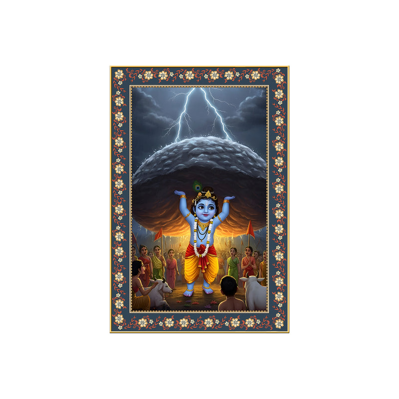Krishna lifting Mount Govardhana Floral Border Vertical Wall Painting