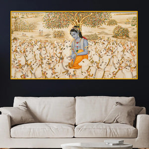 Krishna with Cows Crystal Glass Wall Painting for Premium Decor