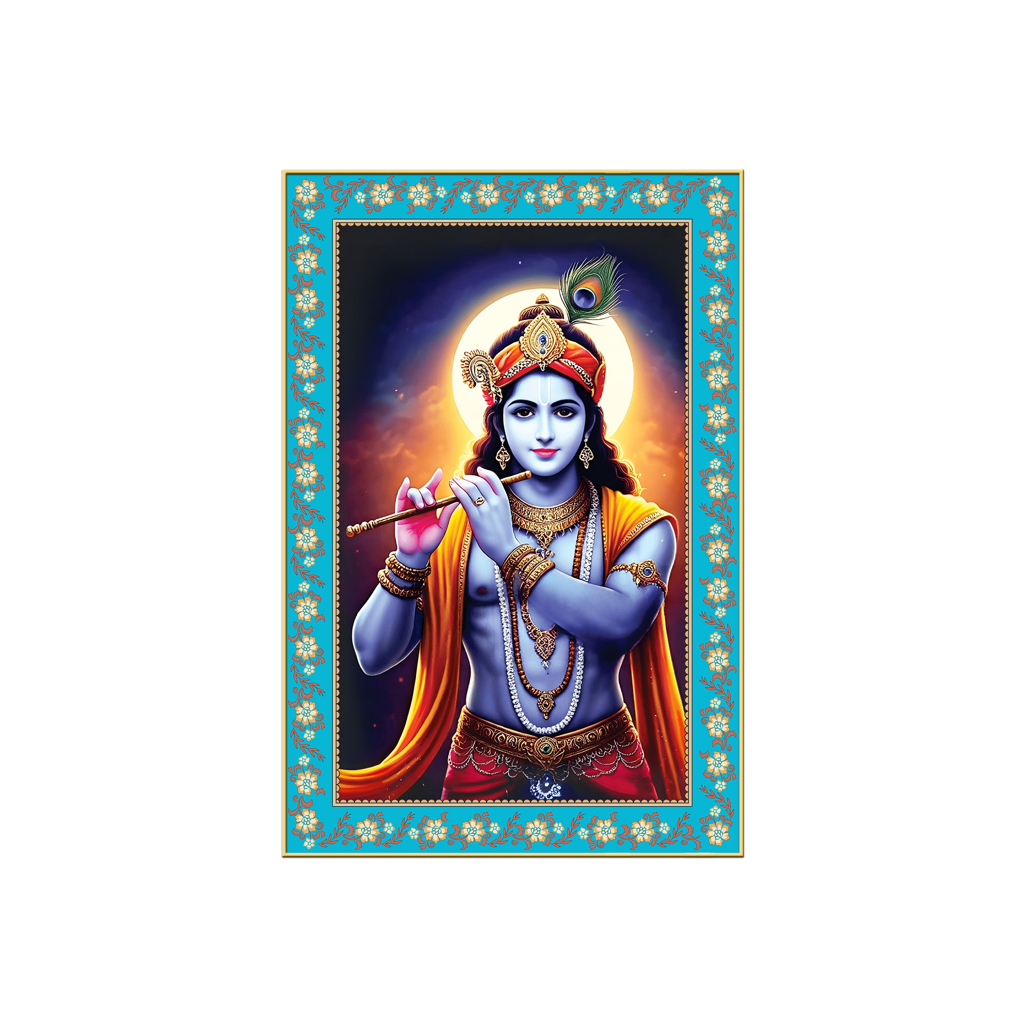 Krishna with Flute Floral Border Vertical Canvas Wall Painting
