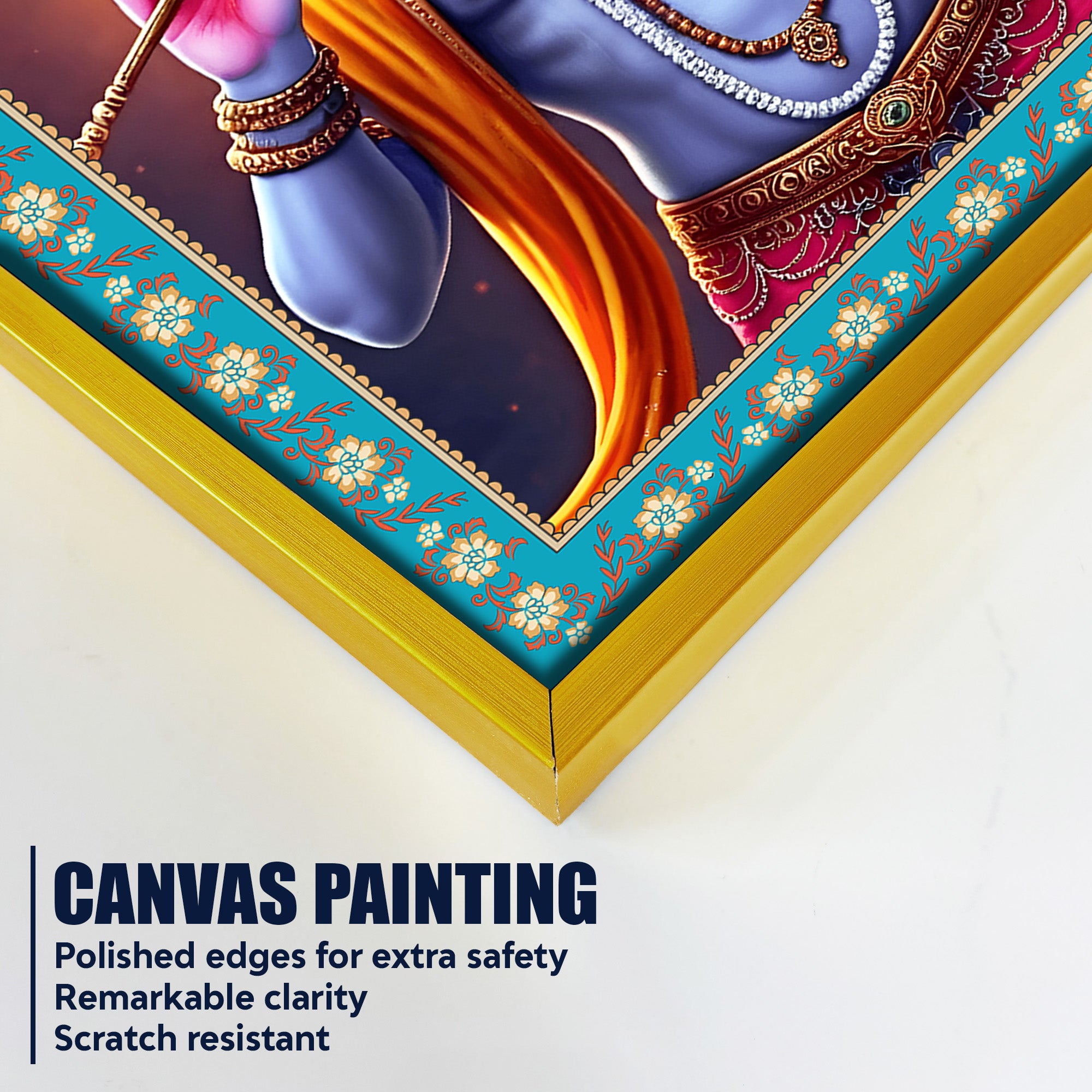 Krishna with Flute Floral Border Vertical Canvas Wall Painting