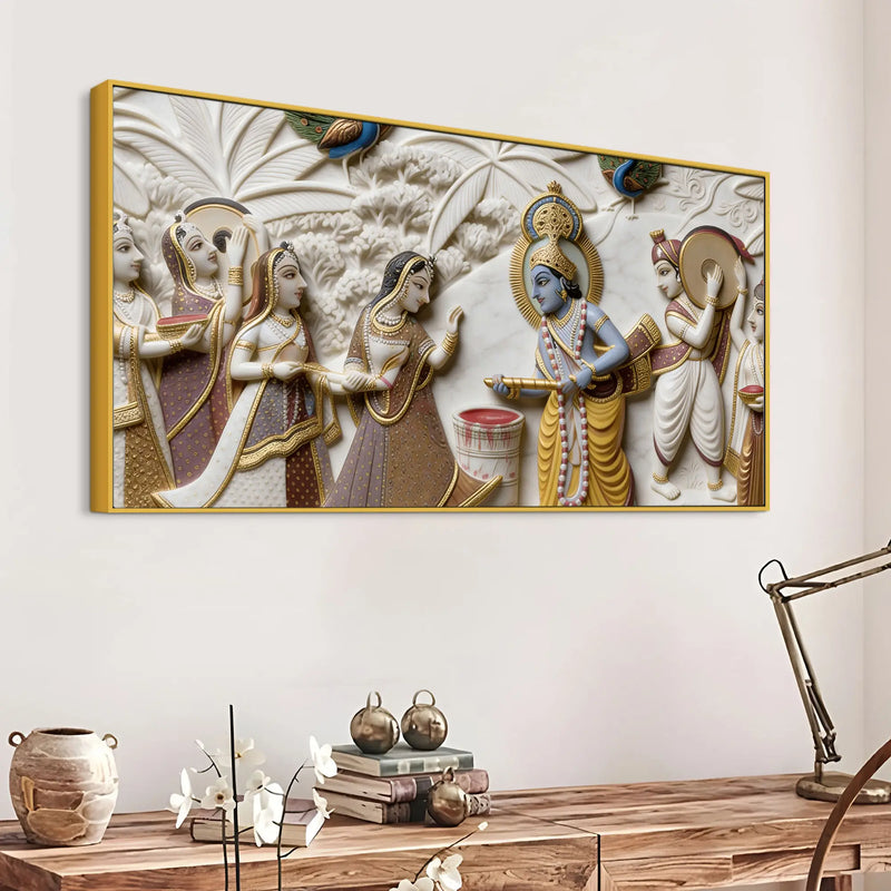 Krishna's Joyous Holi Celebration 3D Canvas Wall Painting