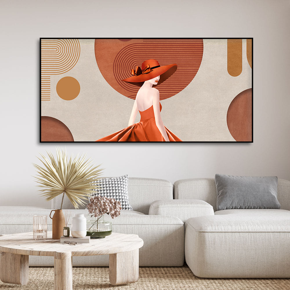 Lady Wearing Orange Hat and Dress Premium Wall Painting