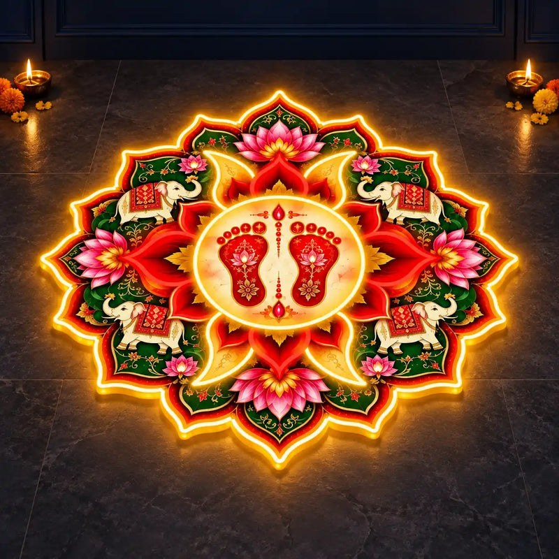Lakshmi Charan Neon Light Rangoli with Lotus & Elephant Design for Home, Mandir & Shop Decor