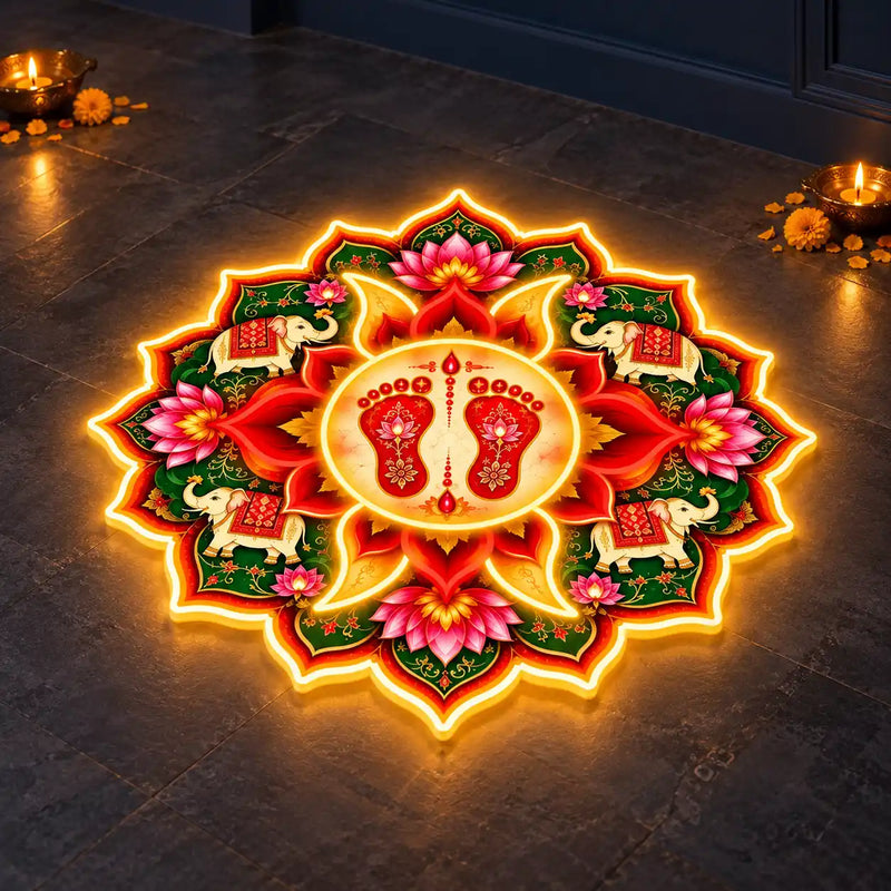 Lakshmi Charan Neon Light Rangoli with Lotus & Elephant Design for Home, Mandir & Shop Decor
