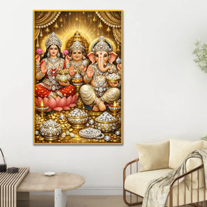 Lakshmi Ganesh Wall Art Floating Frame Crystal Wall Painting