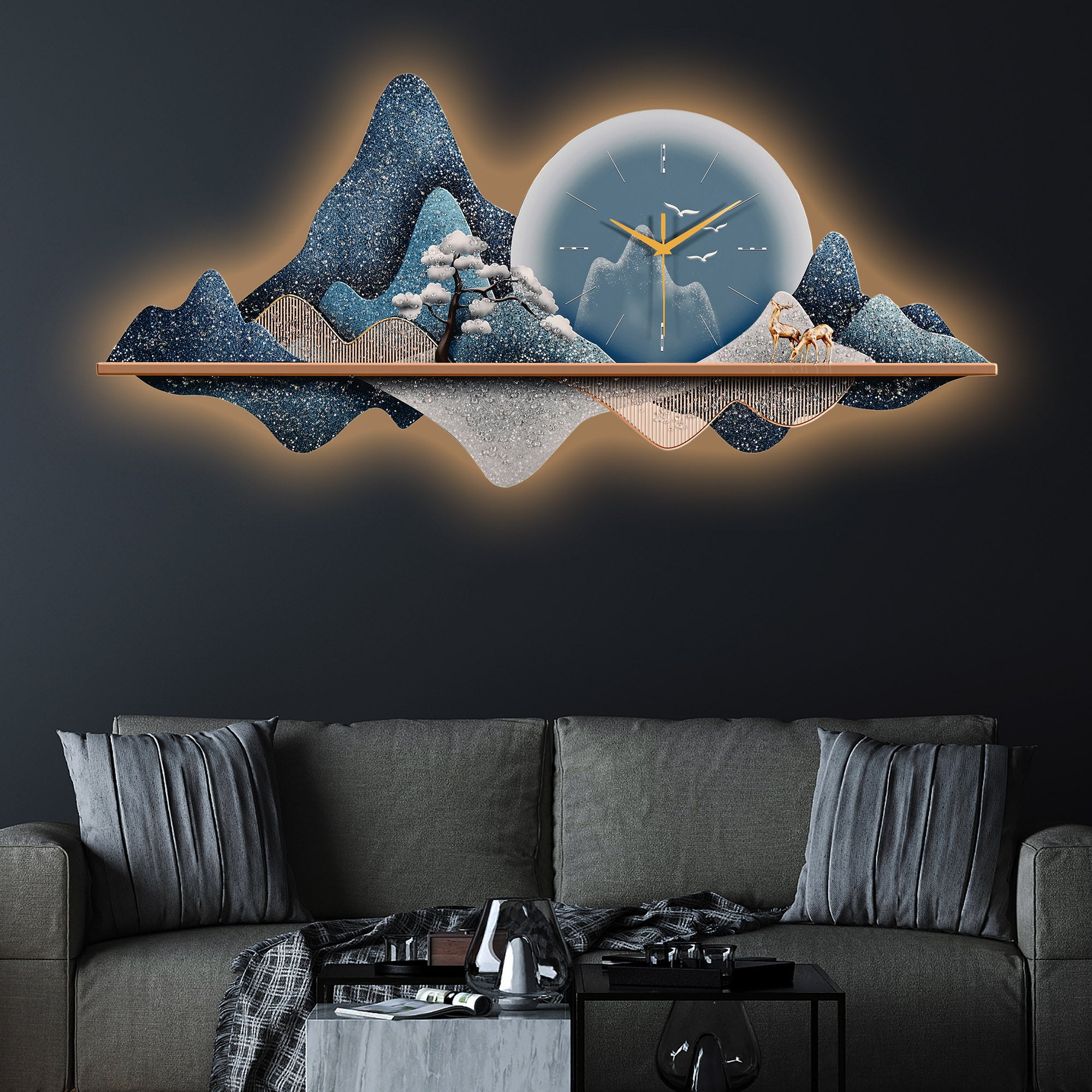 Land of Paradise Crystal Glass Backlit LED Painting with Clock