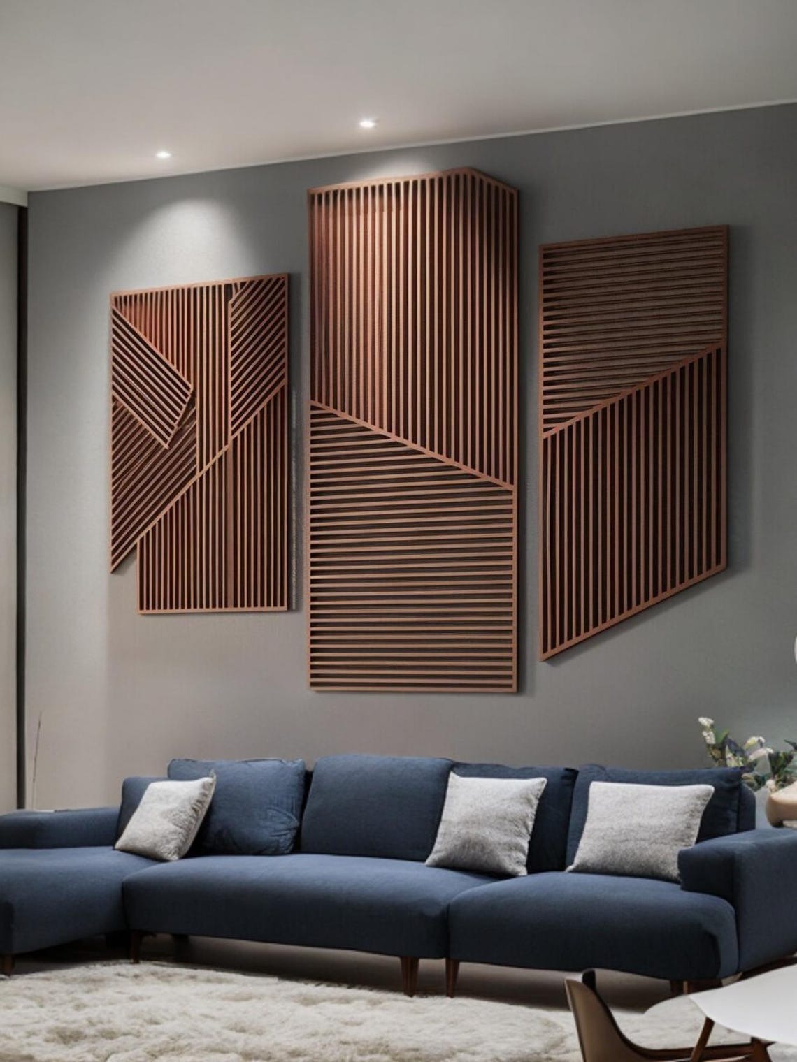 Large 3-Piece Wooden Wall Art with Vertical and Diagonal Slats