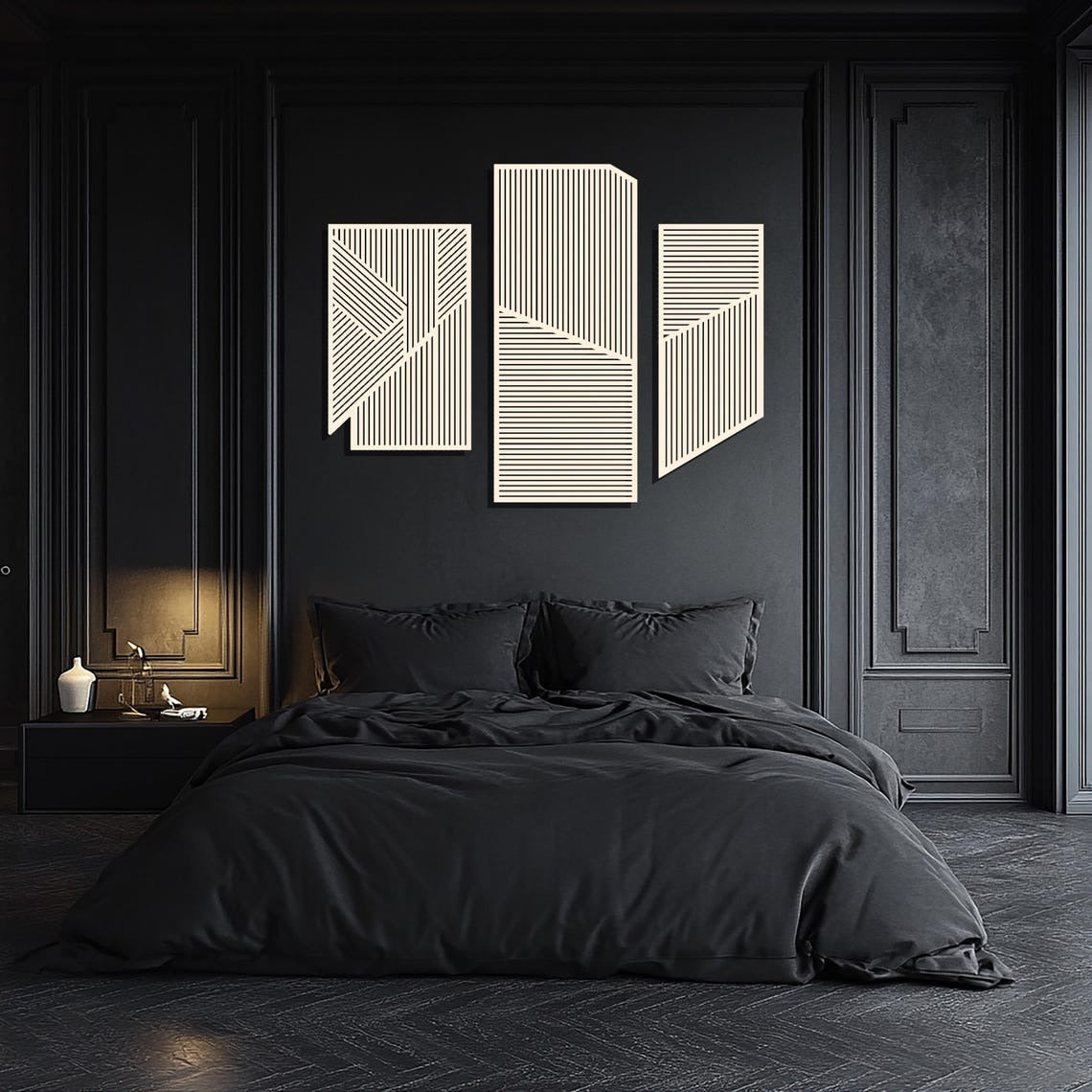 Large 3-Piece Wooden Wall Art with Vertical and Diagonal Slats