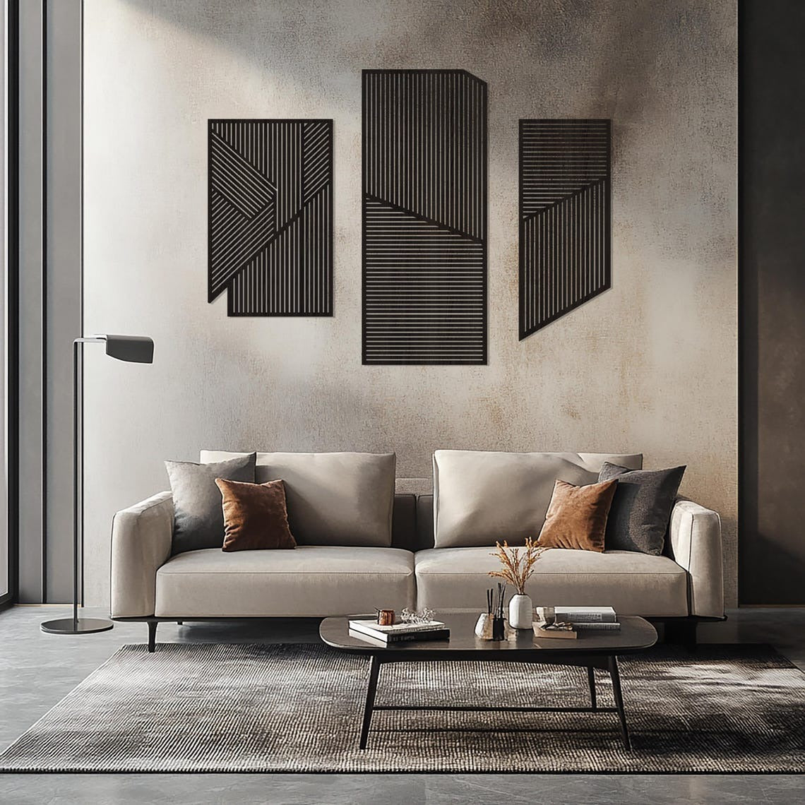 Large 3-Piece Wooden Wall Art with Vertical and Diagonal Slats