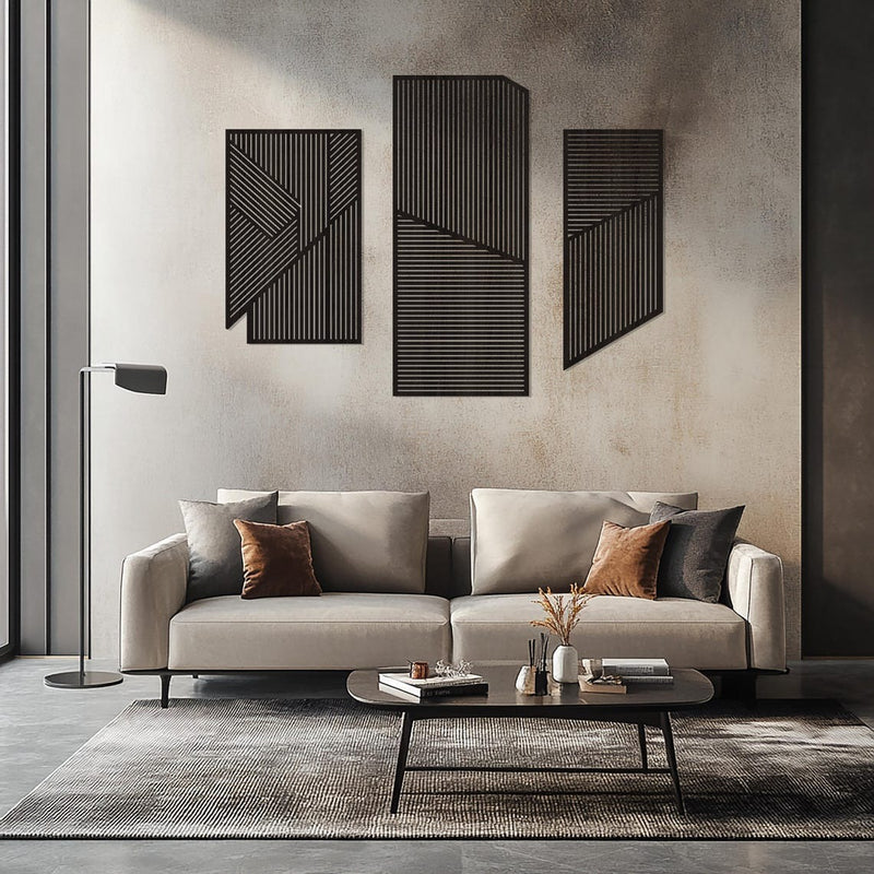 Large 3-Piece Wooden Wall Art with Vertical and Diagonal Slats