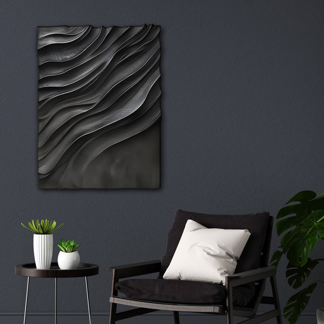 Large Black 3D Wall Art Panel with Wave Texture Design