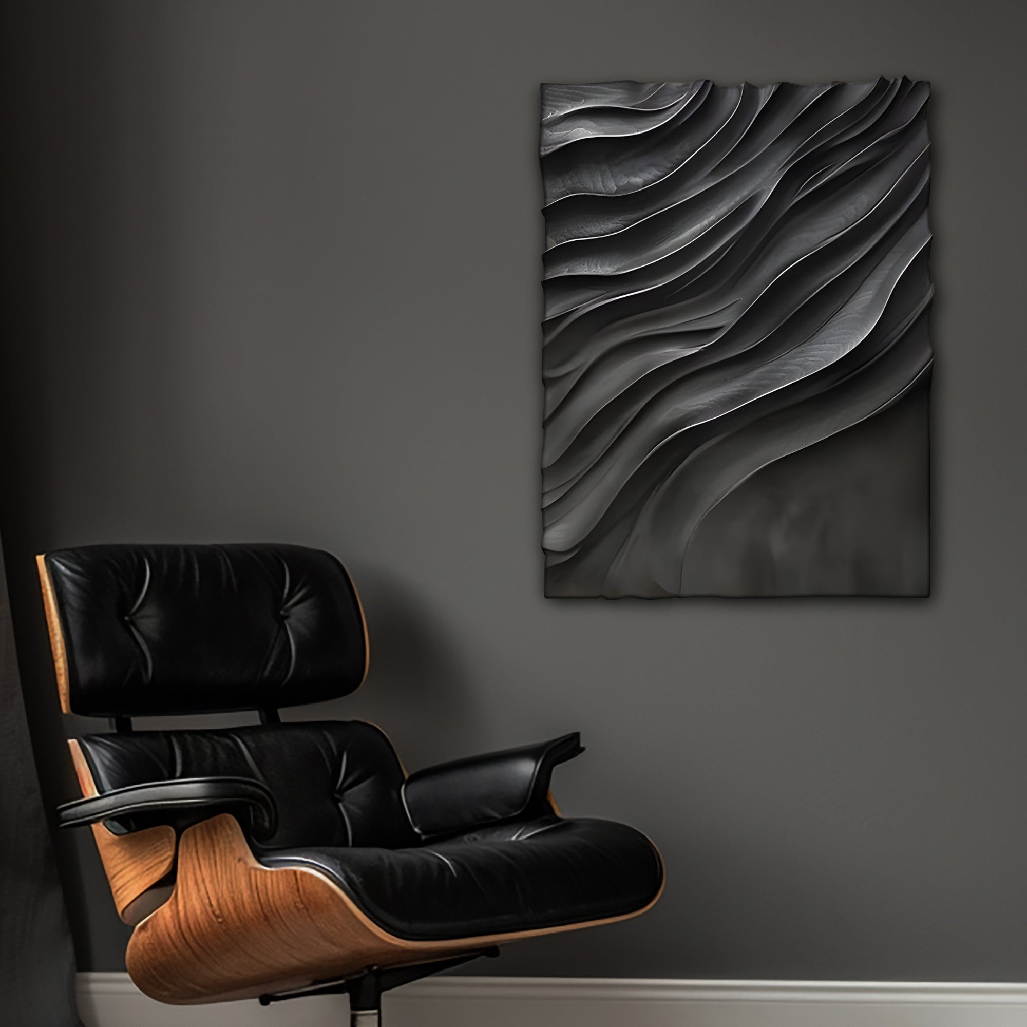 Large Black 3D Wall Art Panel with Wave Texture Design