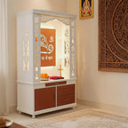 Lavish White Finish Wooden Floor Temple with Jai Shree Shyam and Murli LED Back Panel & Spacious Drawer Storage Cabinet for Home & Office