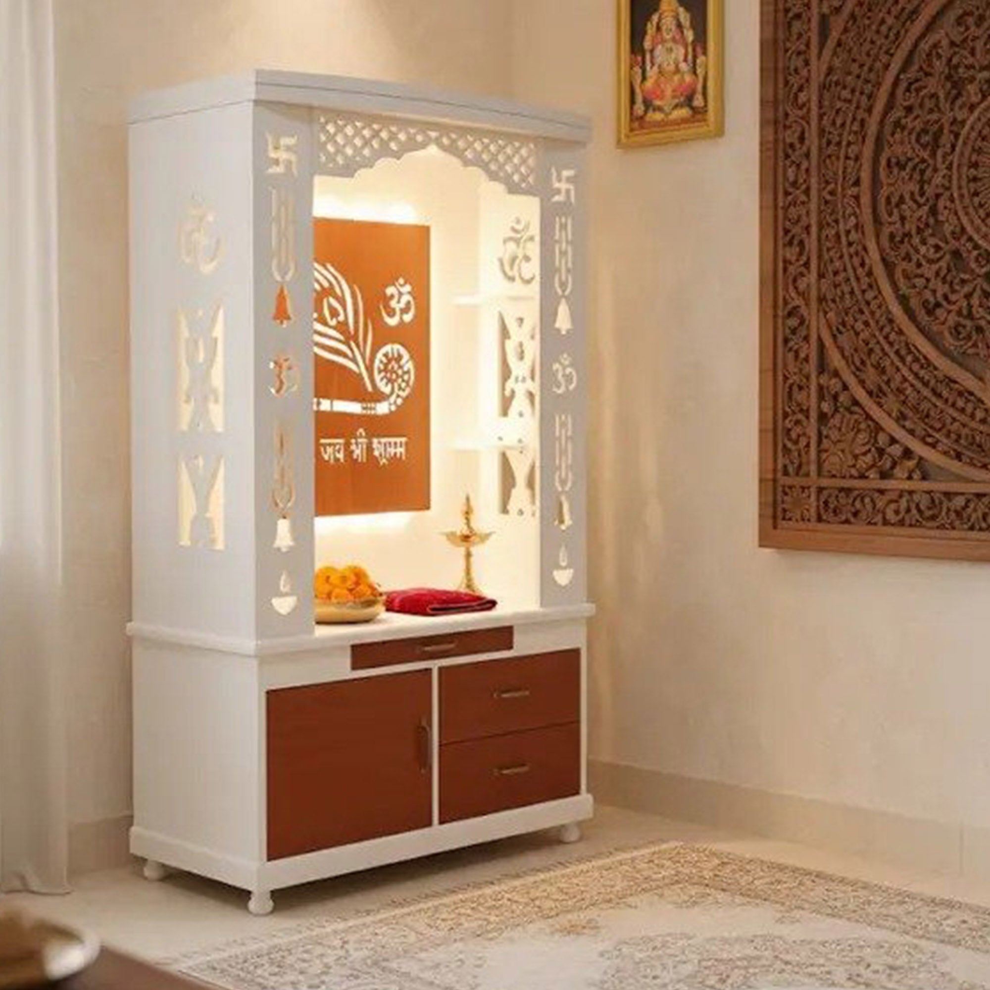 Lavish White Finish Wooden Floor Temple with Jai Shree Shyam and Murli LED Back Panel & Spacious Drawer Storage Cabinet for Home & Office