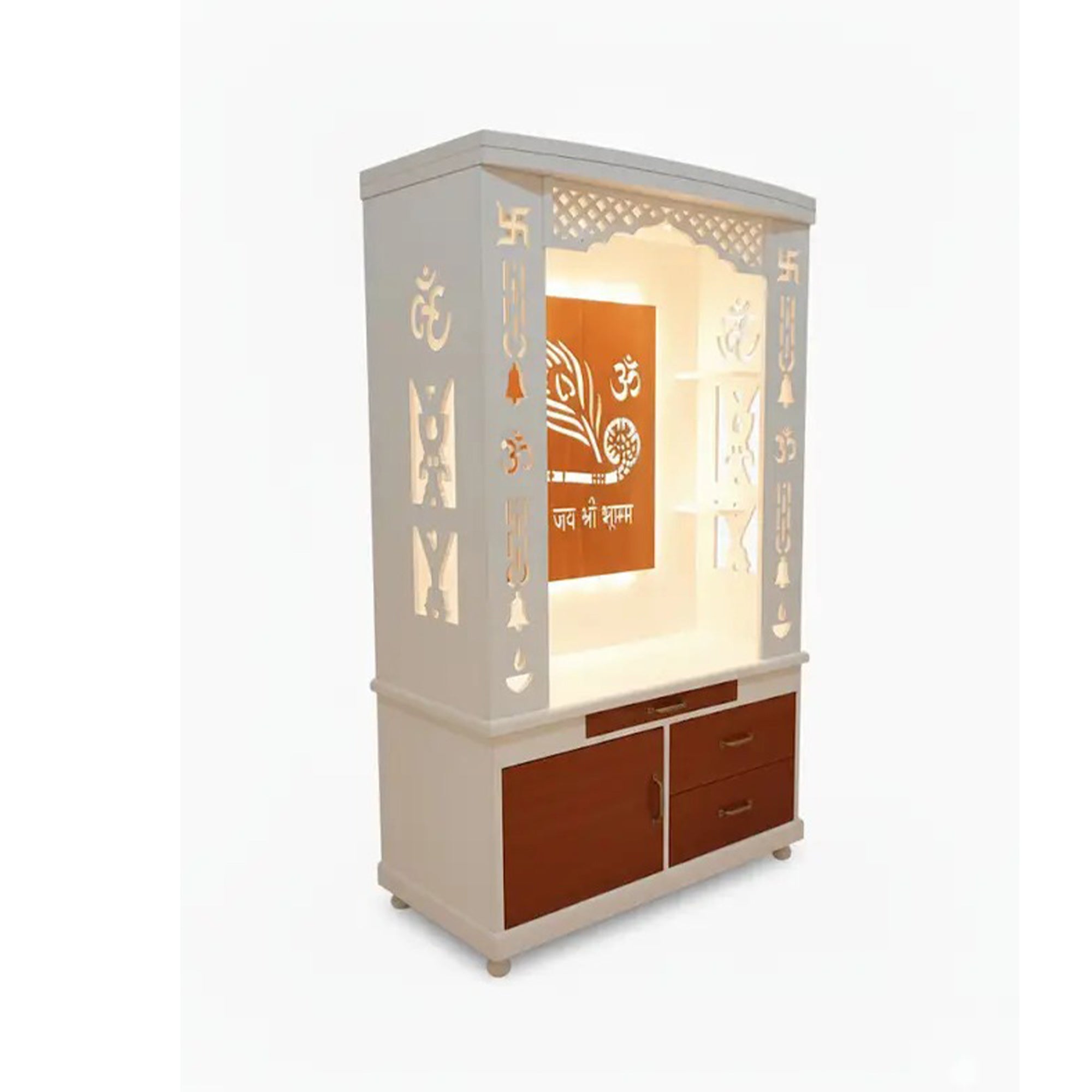 Lavish White Finish Wooden Floor Temple with Jai Shree Shyam and Murli LED Back Panel & Spacious Drawer Storage Cabinet for Home & Office