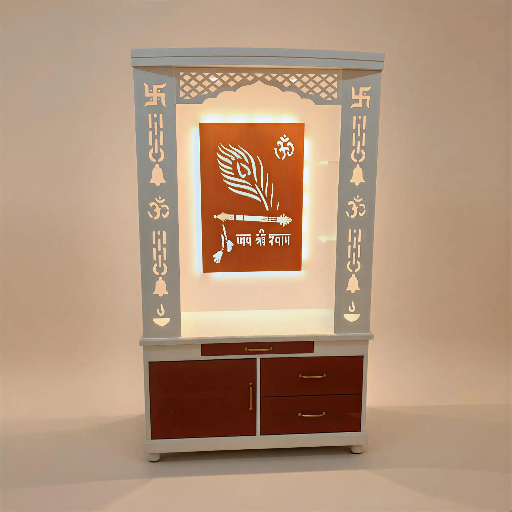 Lavish White Finish Wooden Floor Temple with Jai Shree Shyam and Murli LED Back Panel & Spacious Drawer Storage Cabinet for Home & Office