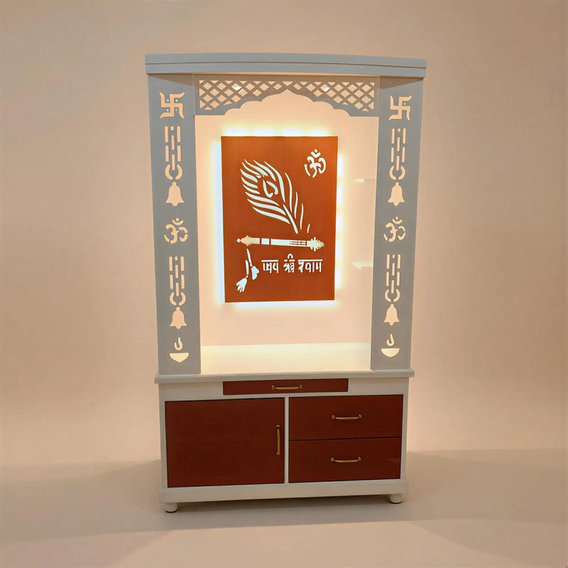 Lavish White Finish Wooden Floor Temple with Jai Shree Shyam and Murli LED Back Panel & Spacious Drawer Storage Cabinet for Home & Office