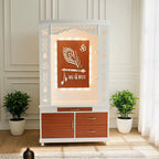 Lavish White Finish Wooden Floor Temple with Jai Shree Shyam and Murli LED Back Panel & Spacious Drawer Storage Cabinet for Home & Office