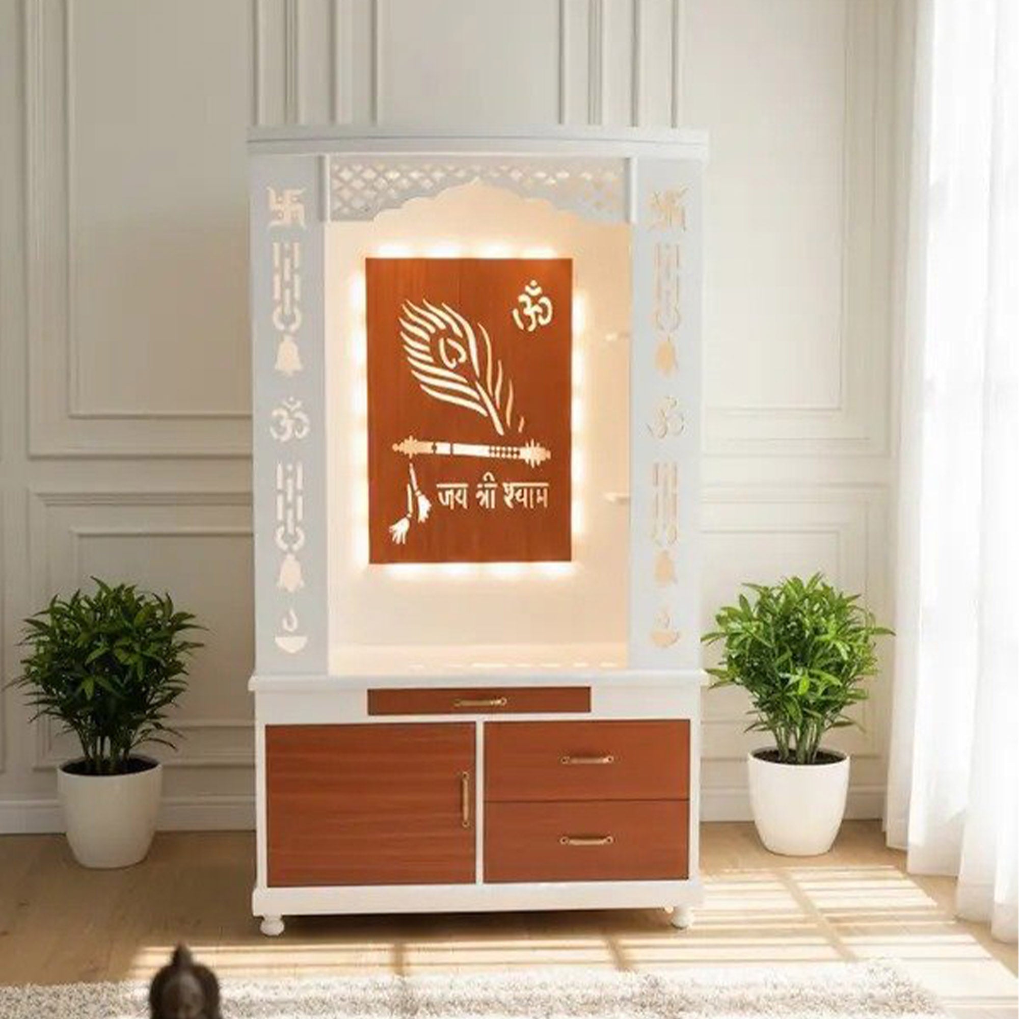 Lavish White Finish Wooden Floor Temple with Jai Shree Shyam and Murli LED Back Panel & Spacious Drawer Storage Cabinet for Home & Office