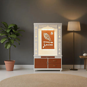 Lavish White Finish Wooden Floor Temple with Jai Shree Shyam and Murli LED Back Panel & Spacious Drawer Storage Cabinet for Home & Office