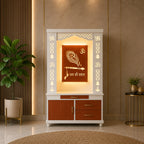 Lavish White Finish Wooden Floor Temple with Jai Shree Shyam and Murli LED Back Panel & Spacious Drawer Storage Cabinet for Home & Office