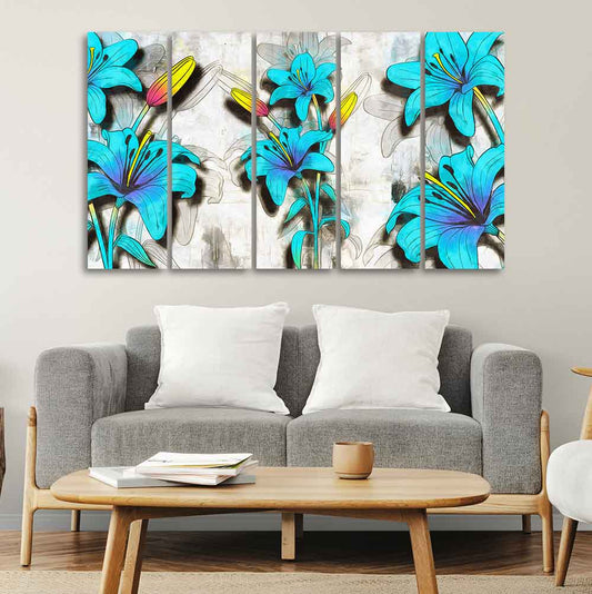 Blue Lily Flowers Canvas Wall Painting of Five Pieces