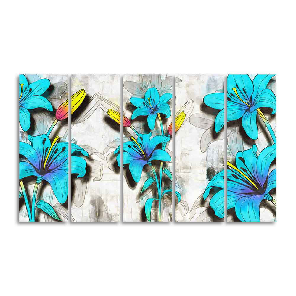 Blue Lily Flowers Canvas Wall Painting of Five Pieces