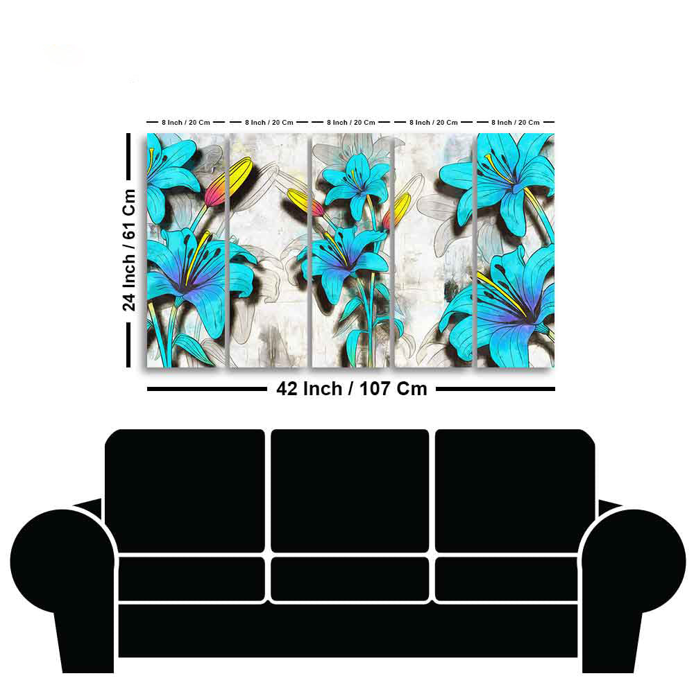 Blue Lily Flowers Canvas Wall Painting of Five Pieces