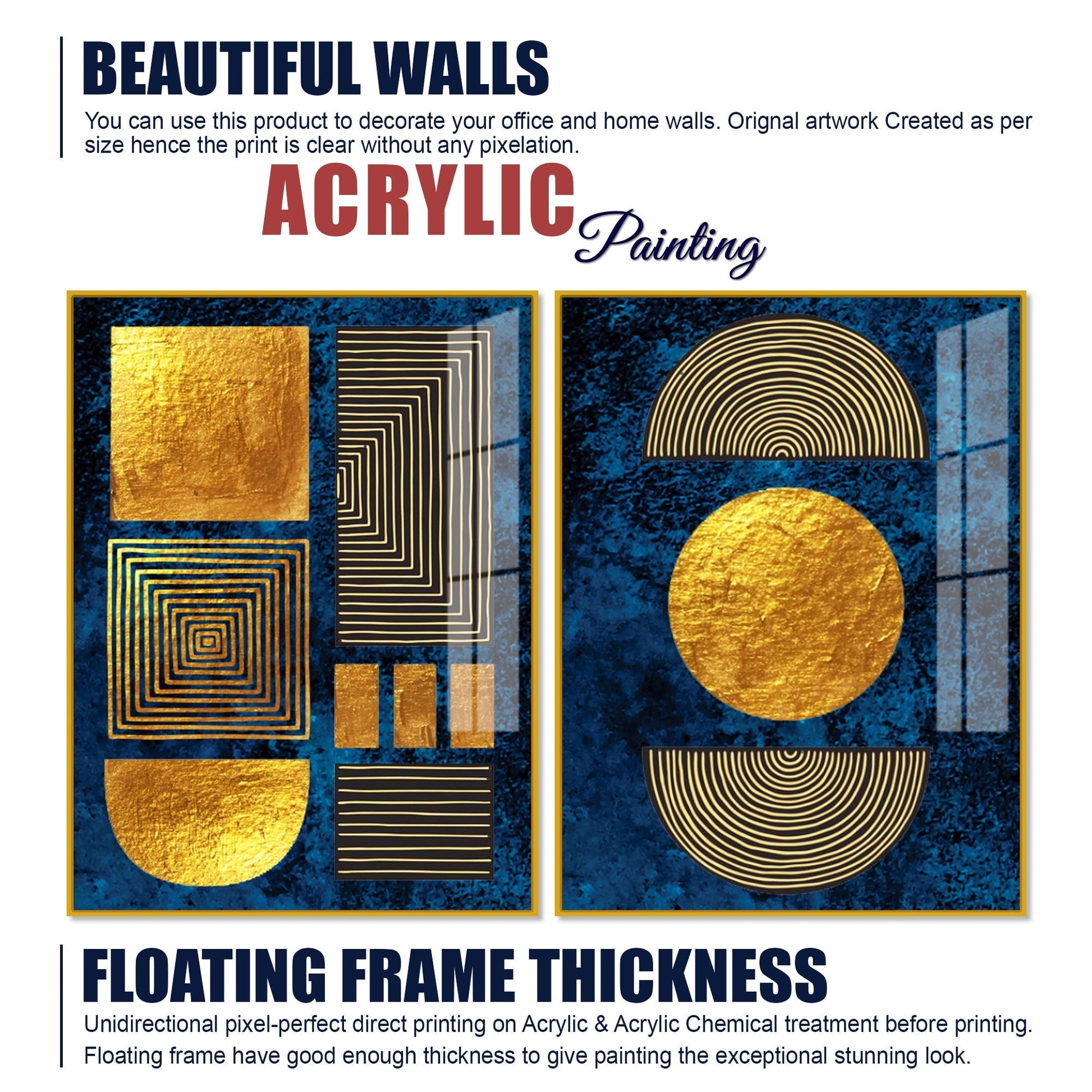 Line Art Golden Shapes Acrylic Floating Wall Painting Set Of 2