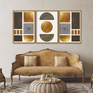 Line Art Golden Shapes Floating Canvas Wall Painting Set of Three