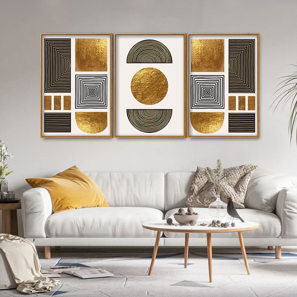 Line Art Golden Shapes Floating Canvas Wall Painting Set of Three