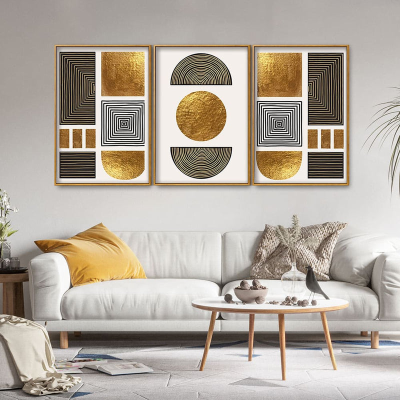 Line Art Golden Shapes Floating Canvas Wall Painting Set of Three