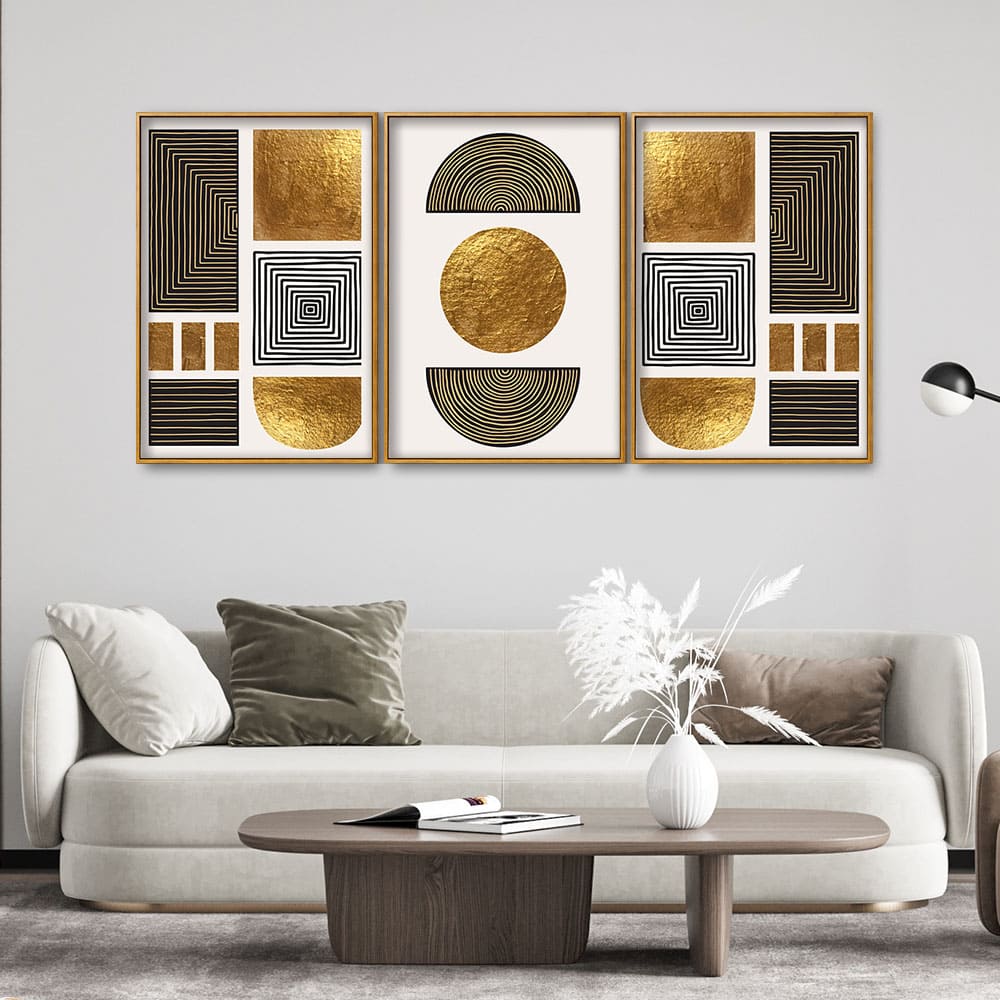 Line Art Golden Shapes Floating Canvas Wall Painting Set of Three