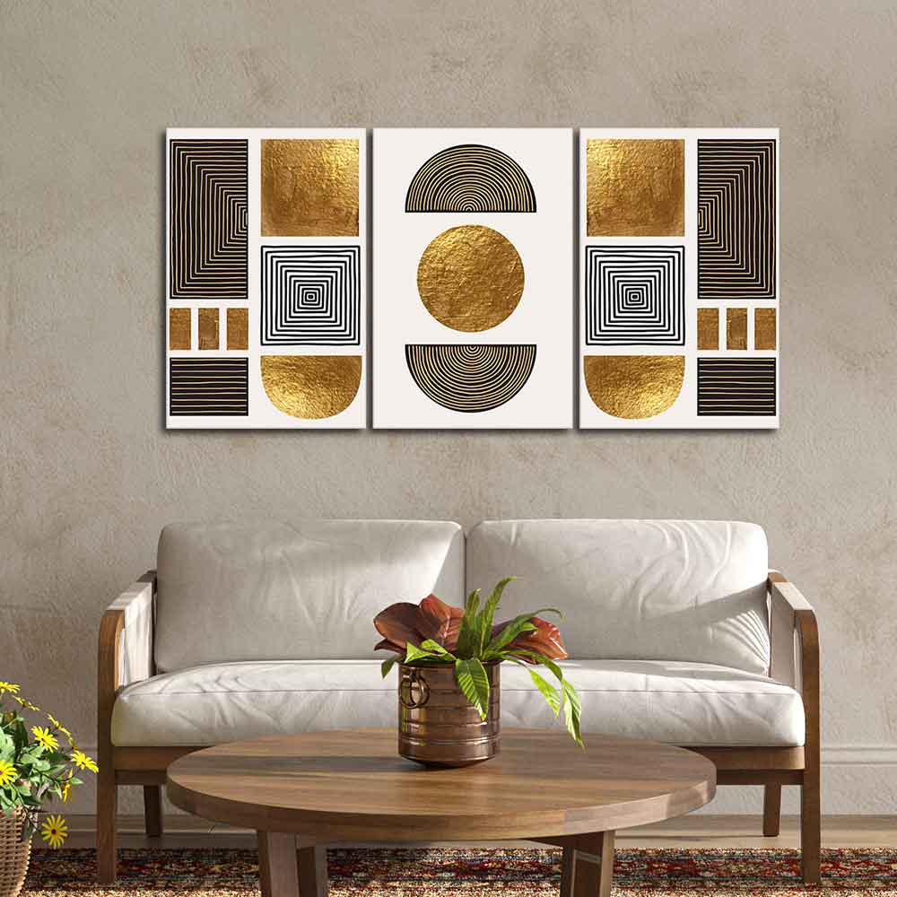 Line Art Golden Shapes Wall Painting of 3 Pieces