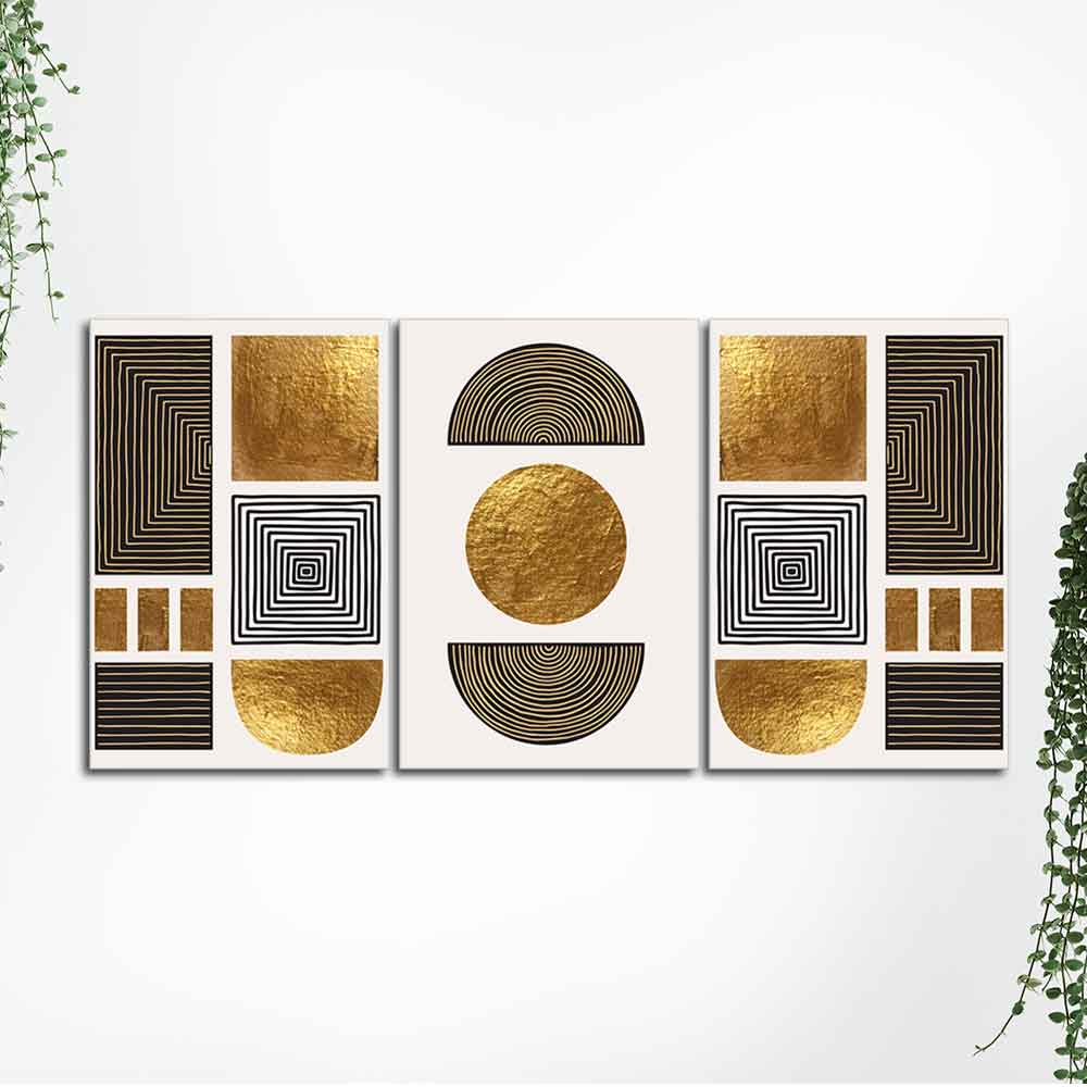 Line Art Golden Shapes Wall Painting of 3 Pieces