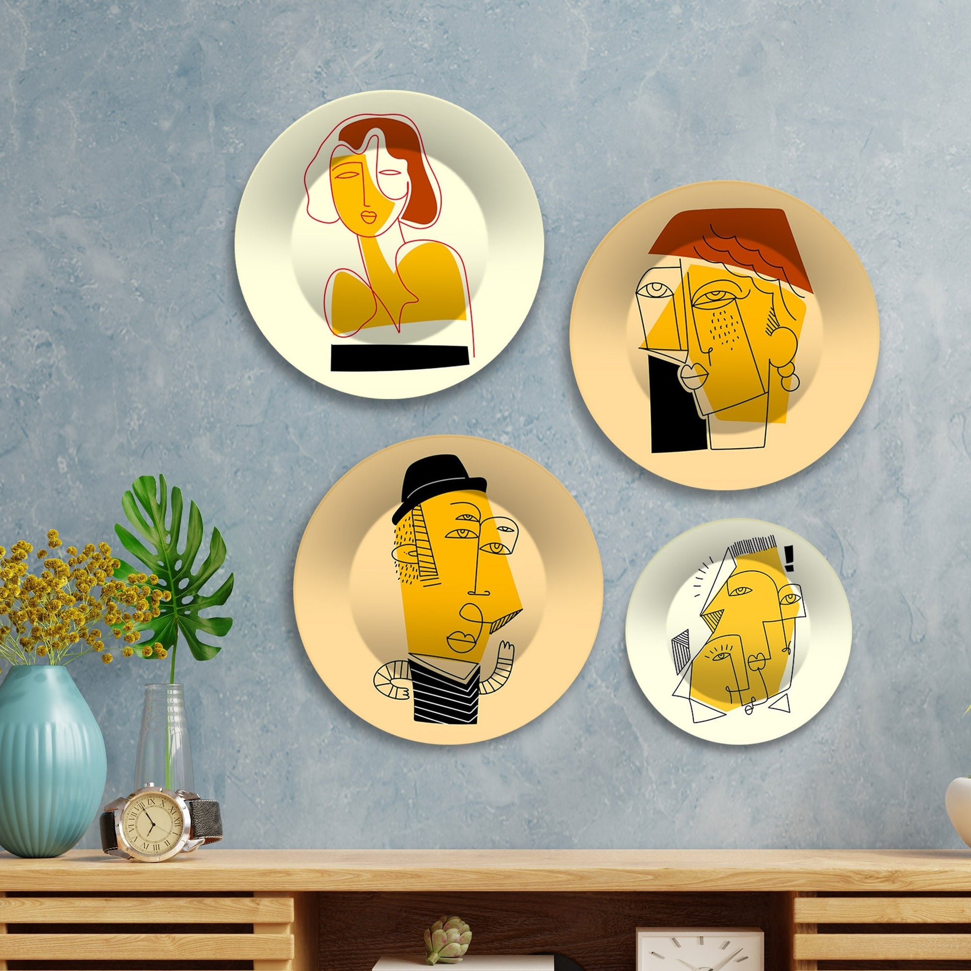 Line Art Portraits Premium Wall Plates Painting Set of Four