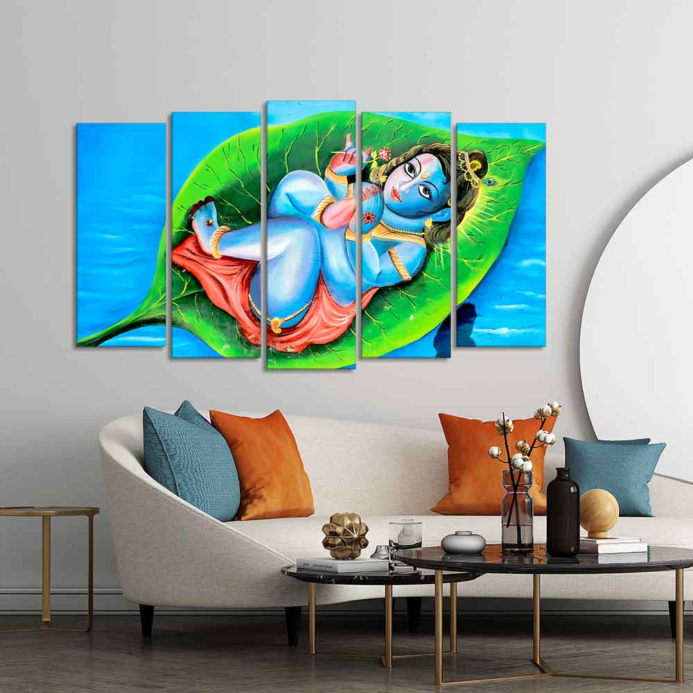 Little Krishna Abstract Wall Painting of Five Pieces