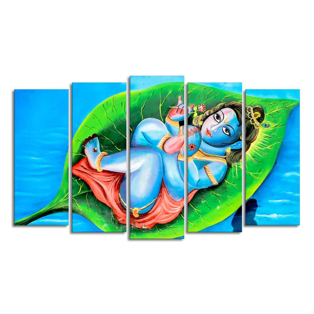 Little Krishna Abstract Wall Painting of Five Pieces