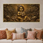 Little Krishna on Lotus with Butter Pot Metallic Look 3D Canvas Painting