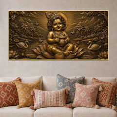 Little Krishna on Lotus with Butter Pot Metallic Look 3D Canvas Painting