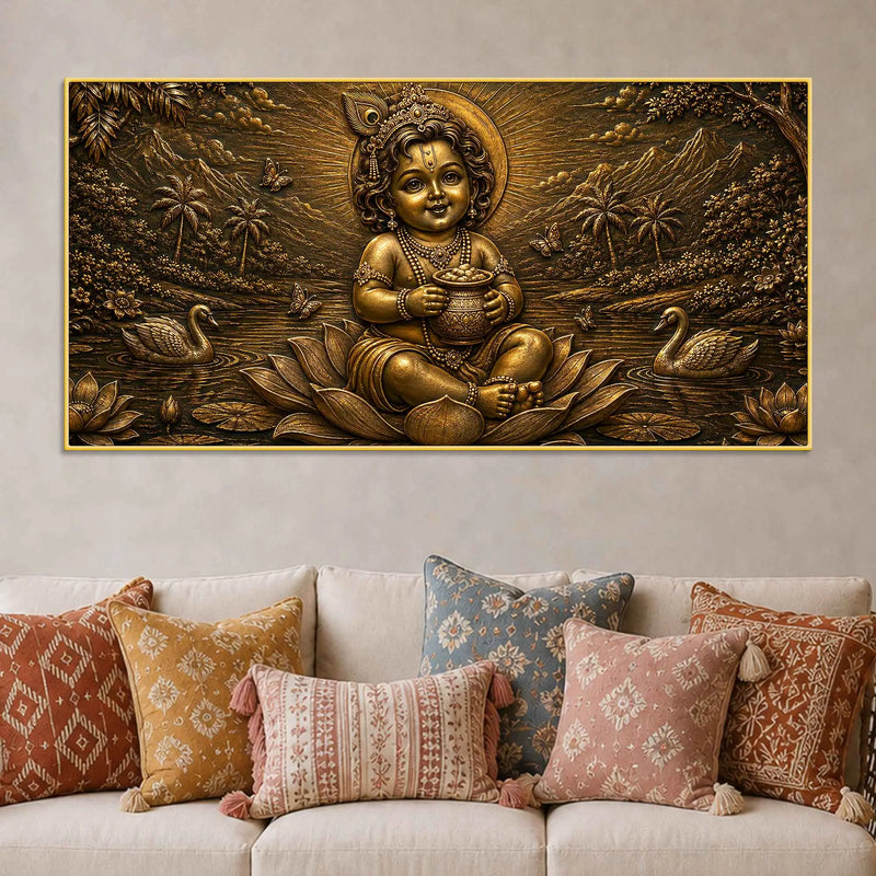 Little Krishna on Lotus with Butter Pot Metallic Look 3D Canvas Painting